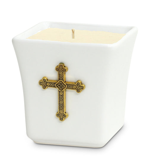 CHRISTIAN CANDLE: Square Ceramic Soy Wax Candle 14 oz – Antique Gold Cross | Deruta Italy Gift Box + Prayer Card