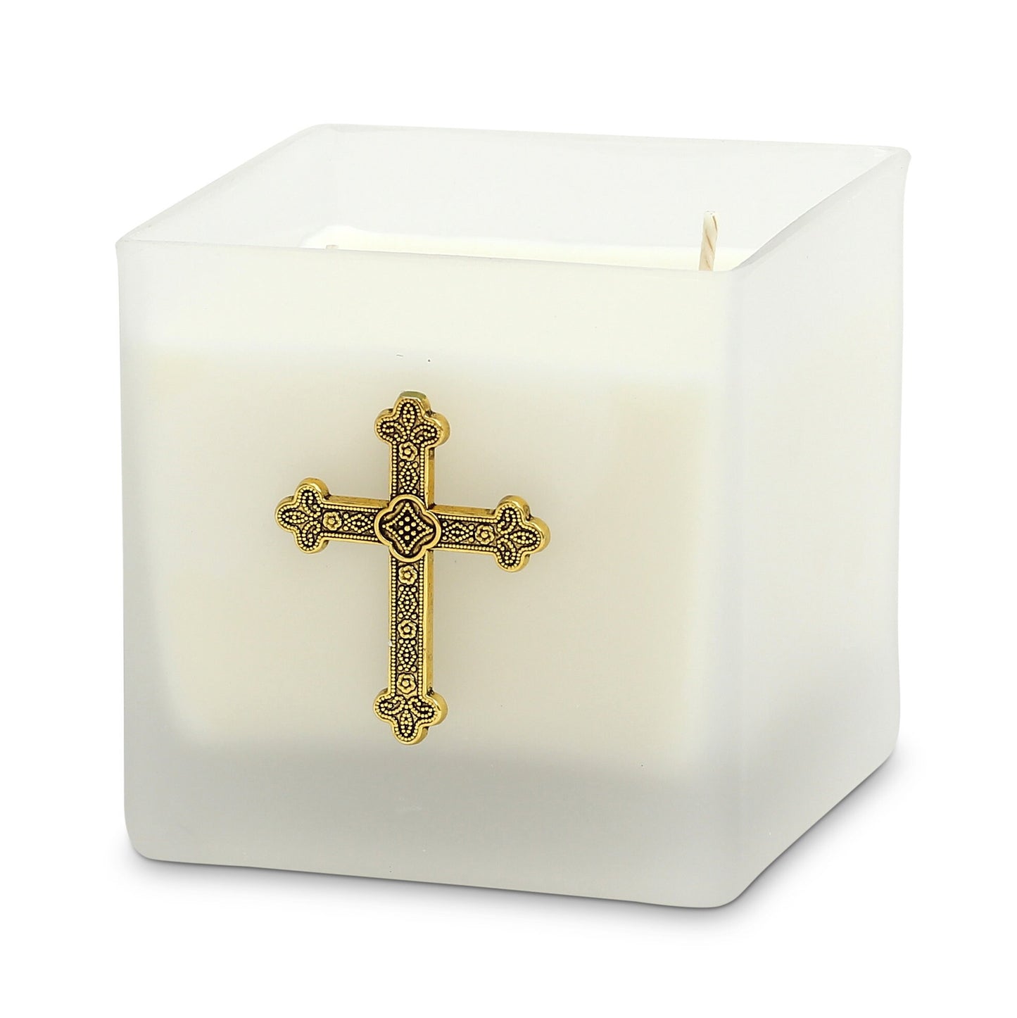 CHRISTIAN CANDLE: Square Frosted Glass Soy Candle with Antique Gold or Silver Cross Ornament – 18 oz Religious Gift