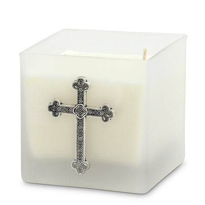 CHRISTIAN CANDLE: Square Frosted Glass Soy Candle with Antique Gold or Silver Cross Ornament – 18 oz Religious Gift