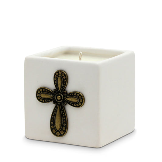 CHRISTIAN CANDLE: White Ceramic Cube Crucifix Candle | First Communion Bronze Cross Candle – 10 oz Christian Soy Wax