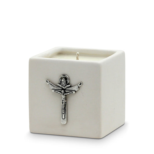 CHRISTIAN CANDLE: White Ceramic Cube Candle with Silver Metal Crucifix (10 Oz) – First Communion or Confirmation Gift