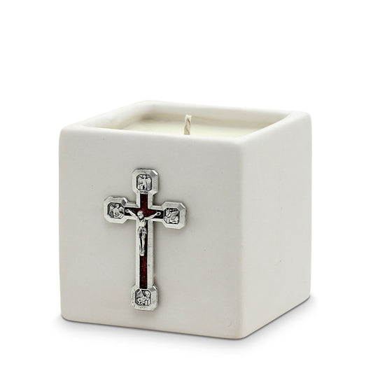 CHRISTIAN CANDLE: White Ceramic Cube Crucifix Candle with Red Enamel – 10 oz Soy Wax | First Communion & Confirmation Gift