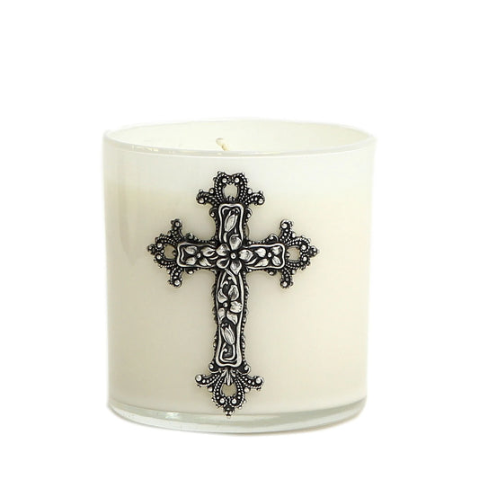 CHRISTIAN CANDLE: Round White Glass Soy Wax Candle with Metal Cross – 10 oz Christian Candle