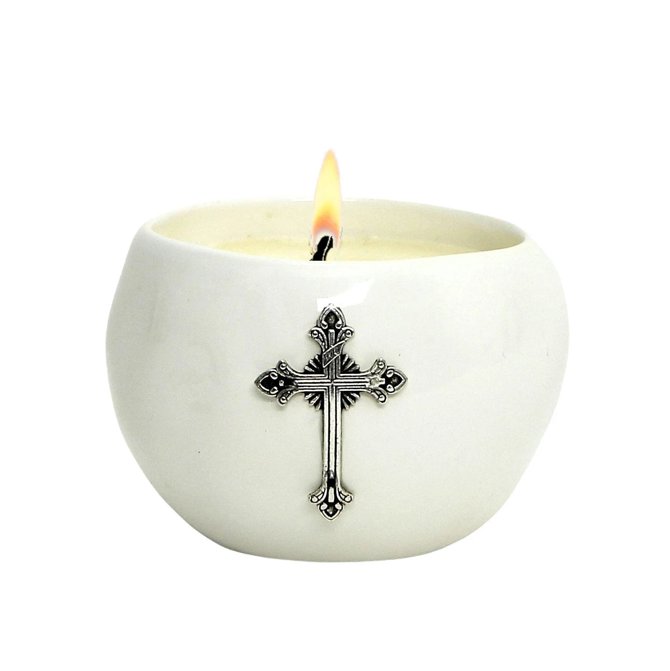 CHRISTIAN CANDLE: PURITY – Ceramic Sphere Candle with Antique Silver Cross (10 oz) | First Communion & Confirmation USA