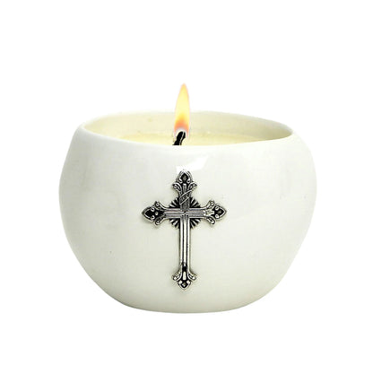 CHRISTIAN CANDLE: PURITY – Ceramic Sphere Candle with Antique Silver Cross (10 oz) | First Communion & Confirmation USA