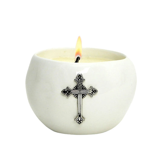 CHRISTIAN CANDLE: PURITY – Ceramic Sphere Candle with Antique Silver Cross (10 oz) | First Communion & Confirmation Gift