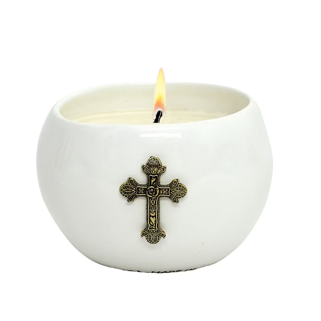 CHRISTIAN CANDLE: PURITY Ceramic Sphere Candle – 10 oz Soy Wax with Antique Gold Cross | First Communion & Confirmation USA