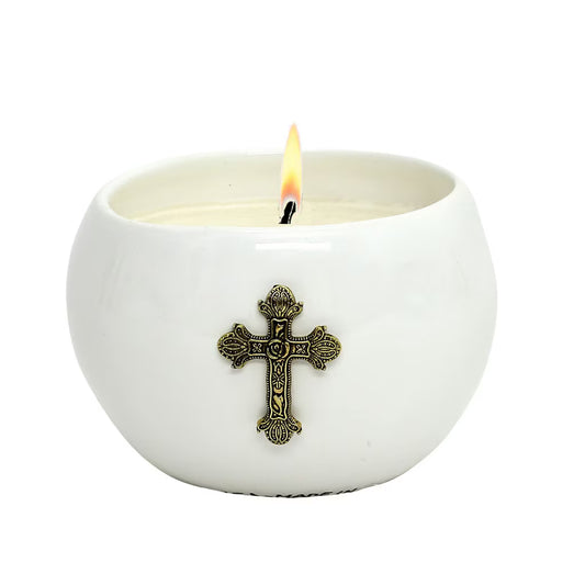 CHRISTIAN CANDLE: PURITY Ceramic Sphere Candle – 10 oz Soy Wax with Antique Gold Cross | First Communion & Confirmation Gift