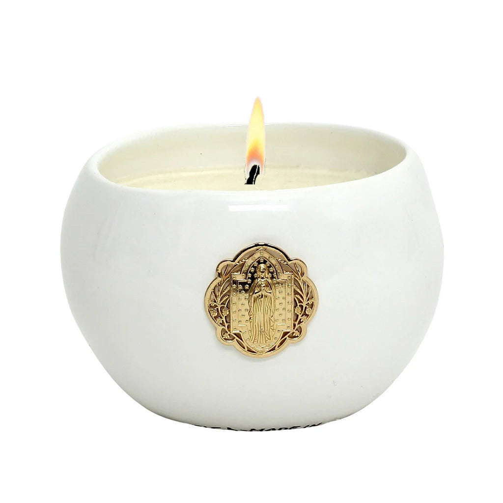 CHRISTIAN CANDLE: PURITY Ceramic Candle with Gold Cross & Virgin Mary Ornament (10 oz) – First Communion Gift - USA