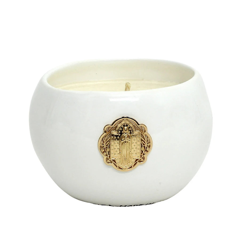 CHRISTIAN CANDLE: PURITY Ceramic Candle with Gold Cross & Virgin Mary Ornament (10 oz) – First Communion Gift View #3 - USA