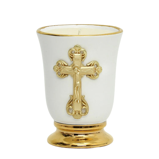 CHRISTIAN CANDLE: Deluxe Deruta Cup Ceramic Soy Candle with 24K Gold Rims & Gold Cross (12 oz)