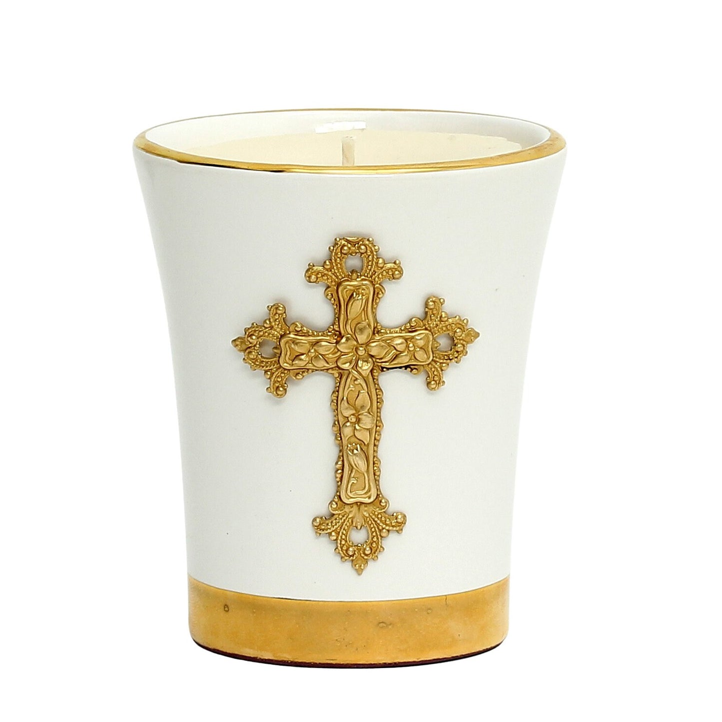 CHRISTIAN CANDLE: Deluxe Deruta Ceramic Soy Candle with 24K Gold Rims & Gold Cross (12 oz)