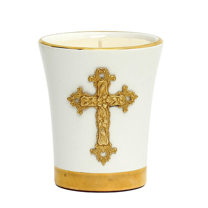 CHRISTIAN CANDLE: Deluxe Deruta Ceramic Soy Candle with 24K Gold Rims & Gold Cross (12 oz)