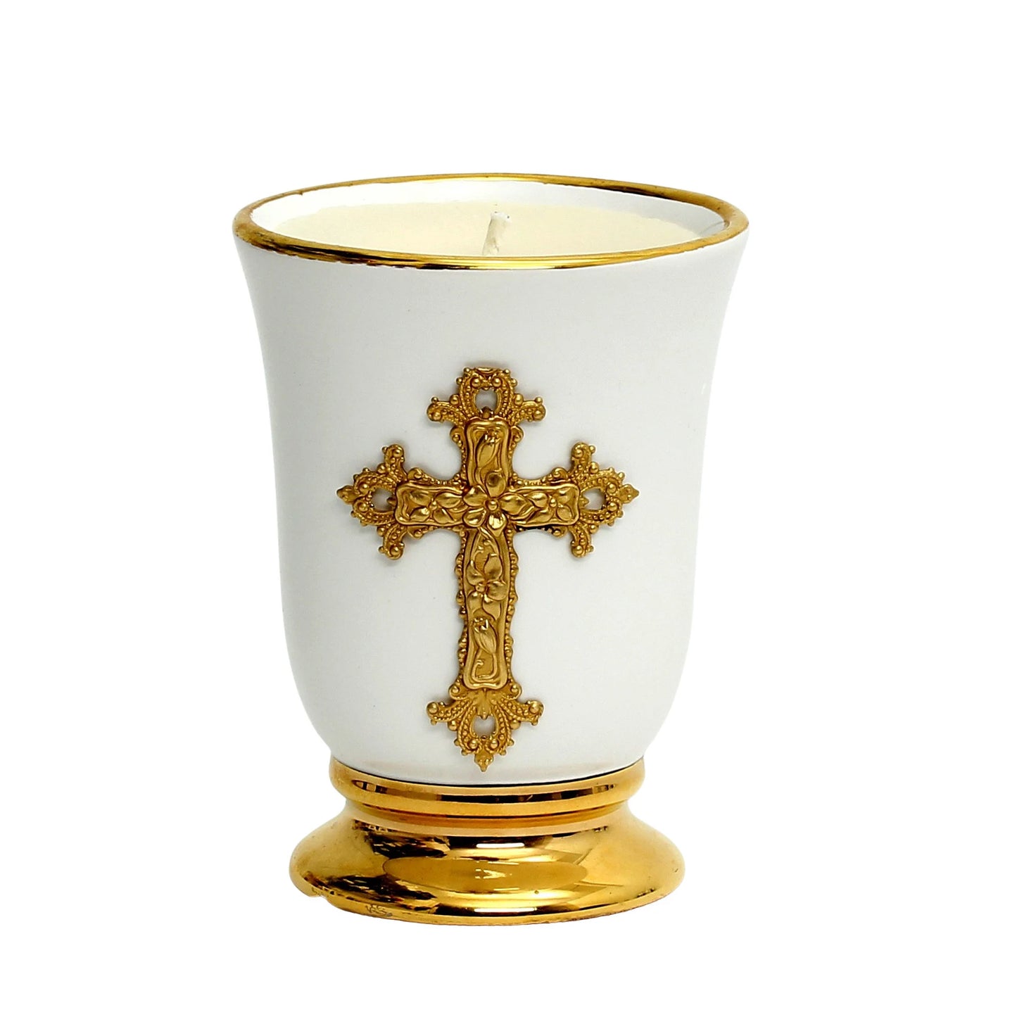 CHRISTIAN CANDLE: Deluxe Ceramic Cup Candle Candle with 24K Gold Hand-Painted Rims & Polished Brass Cross (12 oz Soy USA