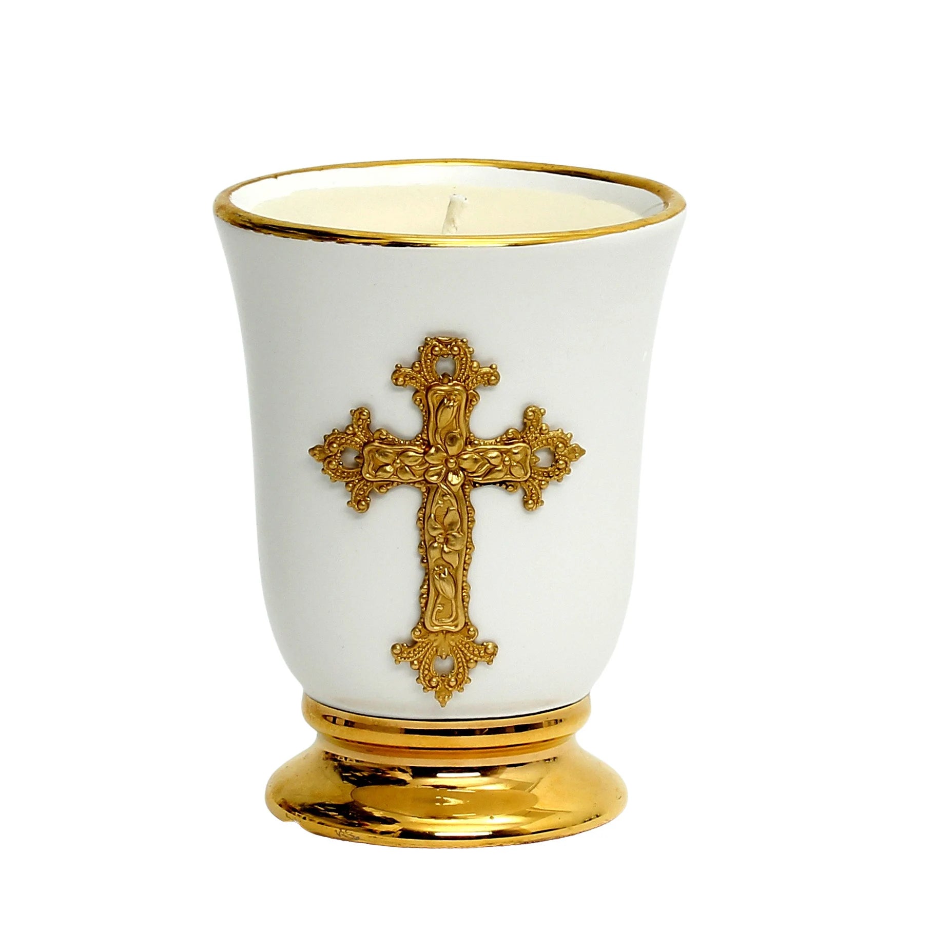 CHRISTIAN CANDLE: Deluxe Ceramic Cup Candle Candle with 24K Gold Hand-Painted Rims & Polished Brass Cross (12 oz Soy USA