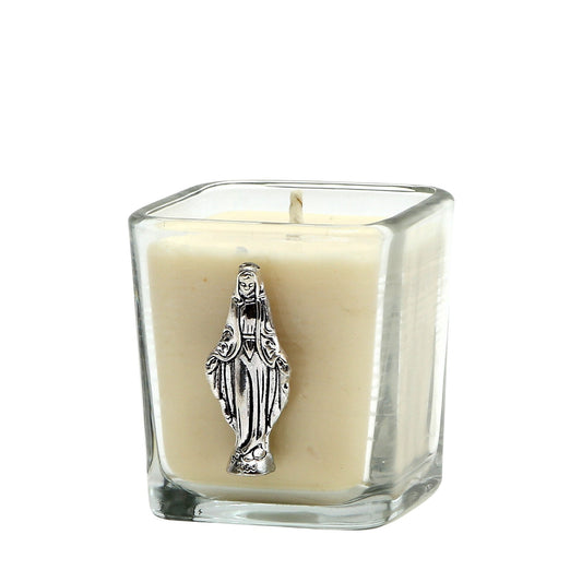 CHRISTIAN CANDLE: Small Square Glass Soy Wax Candle with Silver Virgin Mary – 7.5 oz First Communion Favor