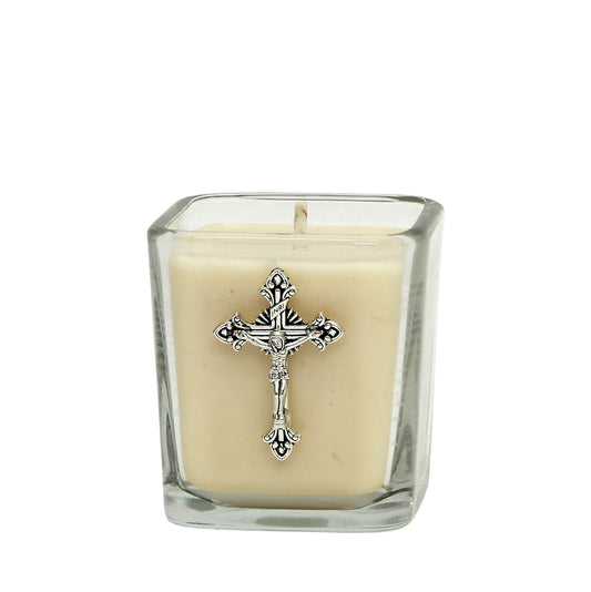 CHRISTIAN CANDLE: Small Square Glass Crucifix Candle (7.5 oz) – First Communion & Confirmation Favor