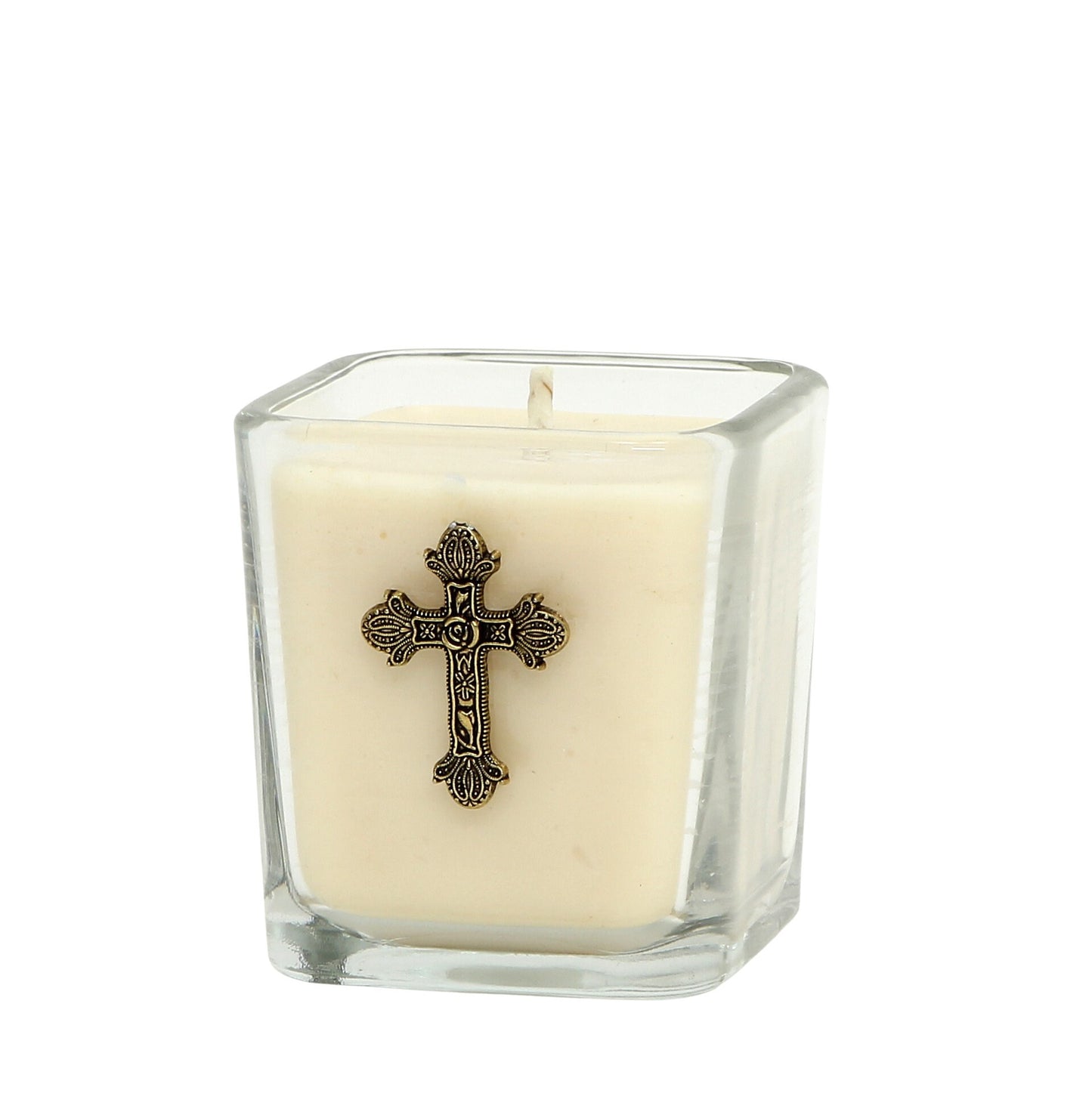 CHRISTIAN CANDLE: Small Square Glass with Small Bronze Cross Candle – 7.5 oz | First Communion Favor