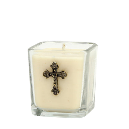 CHRISTIAN CANDLE: Small Square Glass with Small Bronze Cross Candle – 7.5 oz | First Communion Favor