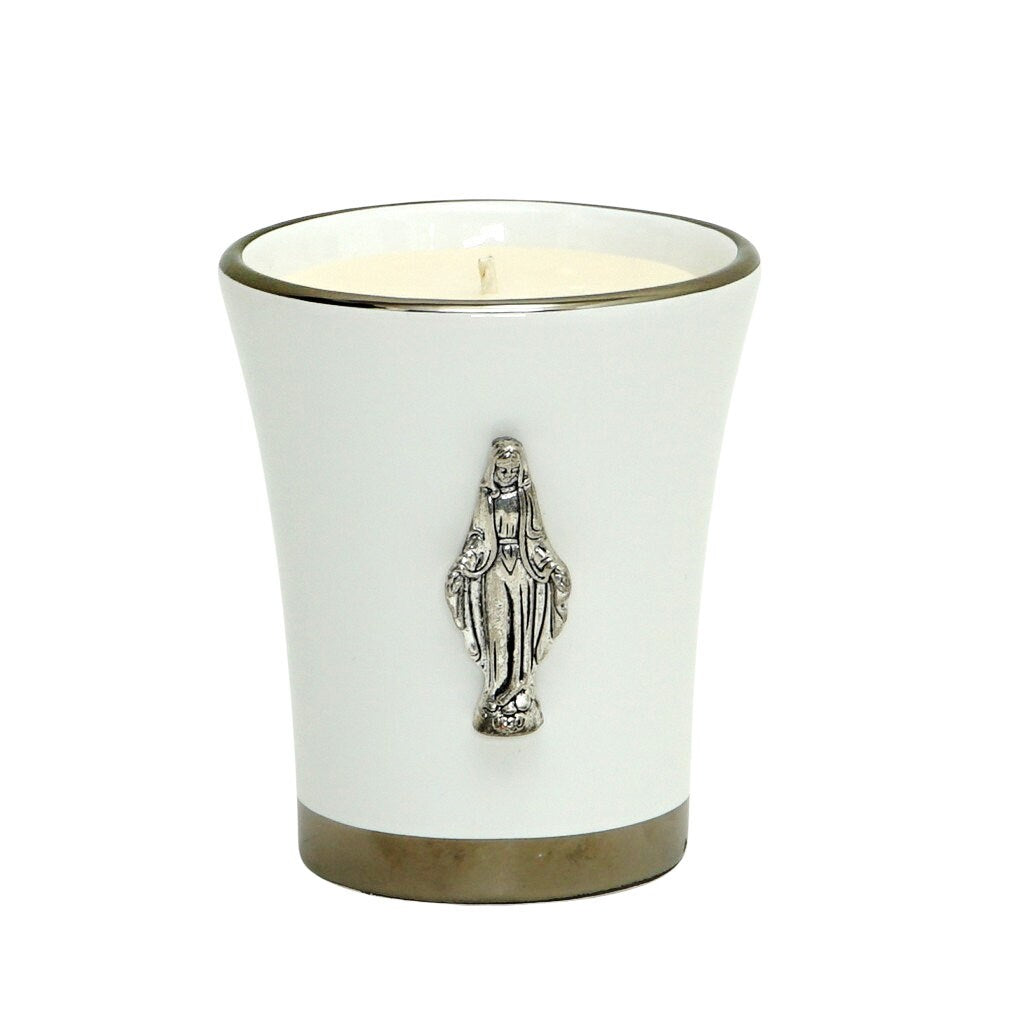 CHRISTIAN CANDLE: Deluxe Flared Ceramic Round  with Platinum Rims and Virgin Mary ornament Candle – (12 oz Soy Wax)