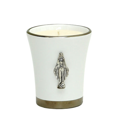 CHRISTIAN CANDLE: Deluxe Flared Ceramic Round  with Platinum Rims and Virgin Mary ornament Candle – (12 oz Soy Wax)