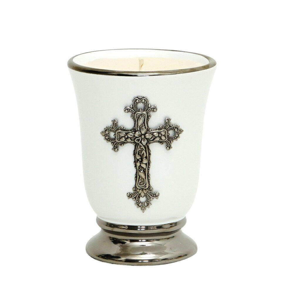 CHRISTIAN CANDLE: Deluxe Ceramic Cup Candle Candle with Platinum Rim and Silver Cross – 12 oz Soy Wax