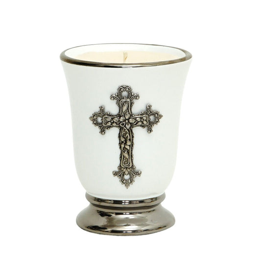 CHRISTIAN CANDLE: Deluxe Ceramic Cup Candle Candle with Platinum Rim and Silver Cross – 12 oz Soy Wax