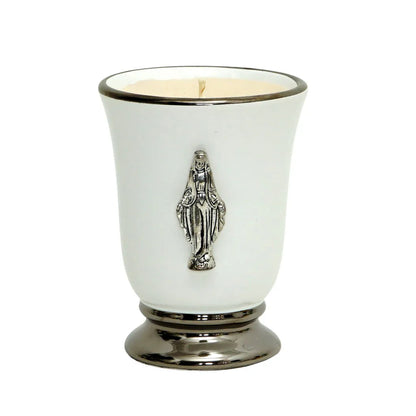 CHRISTIAN CANDLE: Deluxe Ceramic Cup Candle Virgin Mary Candle – 12 oz Platinum Rim Italian Ceramic
