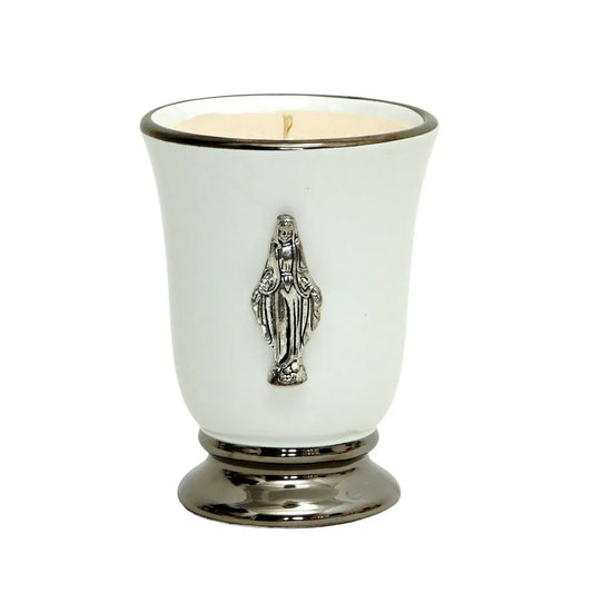 CHRISTIAN CANDLE: Deluxe Ceramic Cup Candle Virgin Mary Candle – 12 oz Platinum Rim Italian Ceramic