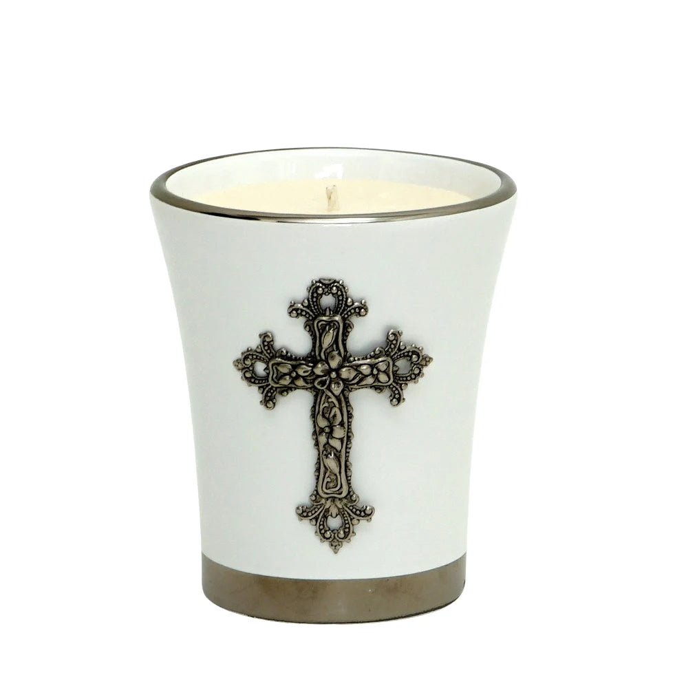 CHRISTIAN CANDLE: Deluxe Flared Ceramic Round  Soy Wax Candle with Platinum Rims and Silver Cross Ornament (12 oz Soy USA