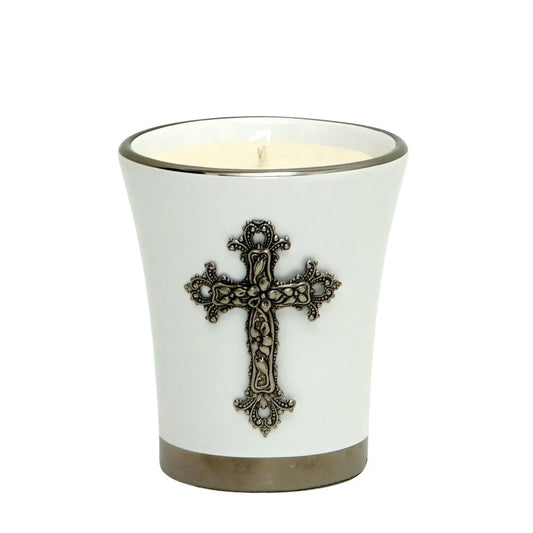 CHRISTIAN CANDLE: Deluxe Flared Ceramic Round  Soy Wax Candle with Platinum Rims and Silver Cross Ornament (12 oz Soy Wax)