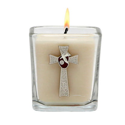 CHRISTIAN CANDLE: Confirmation Crucifix Candle – 7.5 oz Small Square Glass | White & Red Enamel