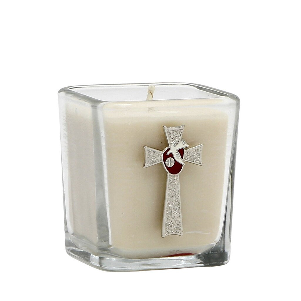 CHRISTIAN CANDLE: Confirmation Crucifix Candle – 7.5 oz Small Square Glass | White & Red Enamel