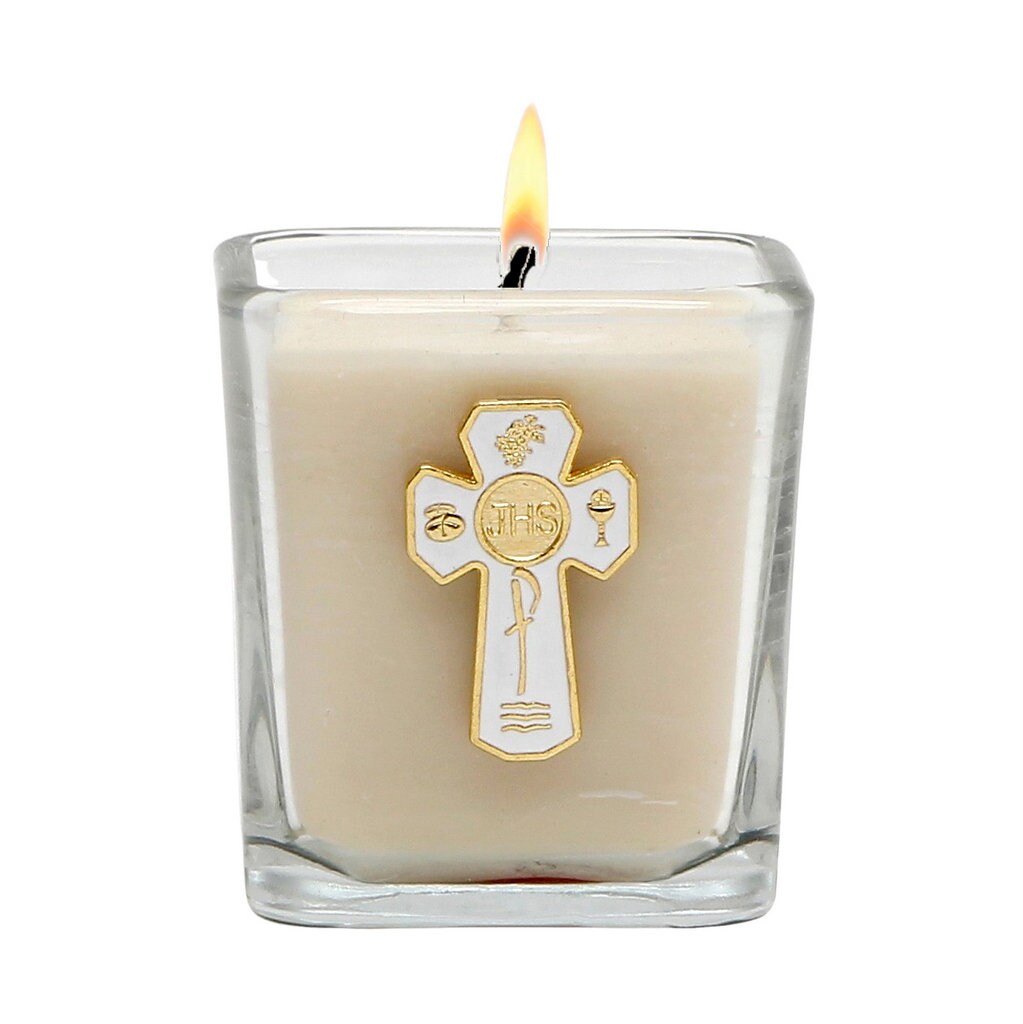 CHRISTIAN CANDLE: First Communion Catholic Candle – JHS Crucifix Glass - Sublimation Printed Gift USA