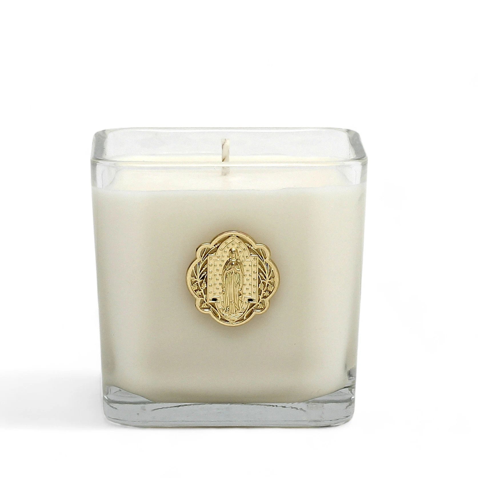 CHRISTIAN CANDLE: Medium Square Glass Virgin Mary Candle (14 oz) – First Communion & Confirmation Gift - Sublimation USA