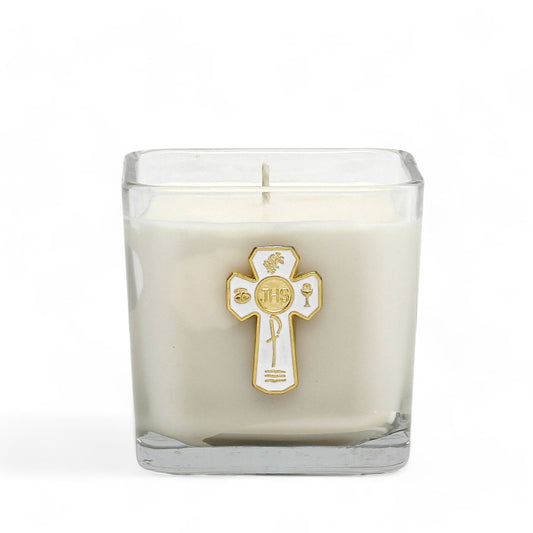 CHRISTIAN CANDLE: First Communion JHS Candle – 14 oz Catholic Soy Wax Glass