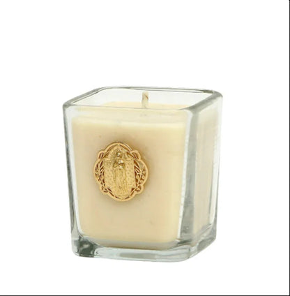 CHRISTIAN CANDLE: Small Square Glass Candle with Gold Virgin Mary Medal – 7.5 oz Soy Wax | First Communion & USA