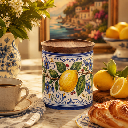 Italian Lemon Ceramic Kitchen Jar, 11 oz Storage Canister with Wood Lid
