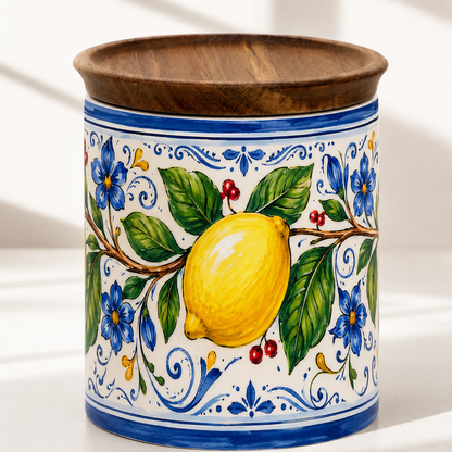 Italian Lemon Ceramic Kitchen Jar, 11 oz Storage Canister with Wood Lid