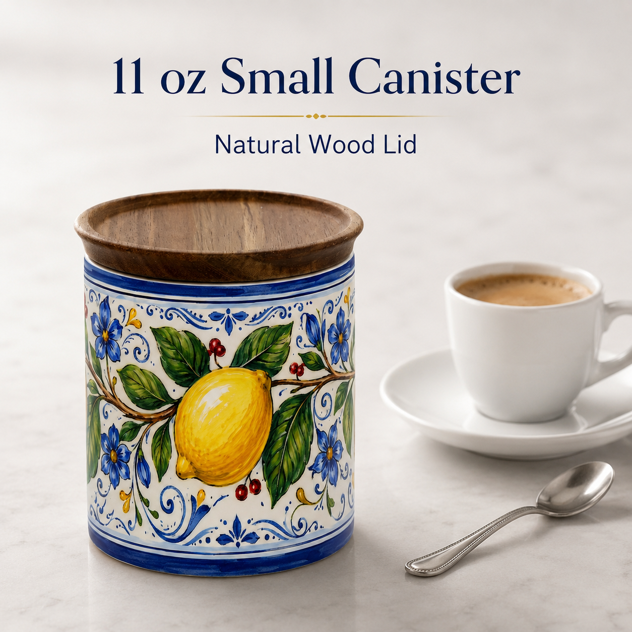 Italian Lemon Ceramic Kitchen Jar, 11 oz Storage Canister with Wood Lid