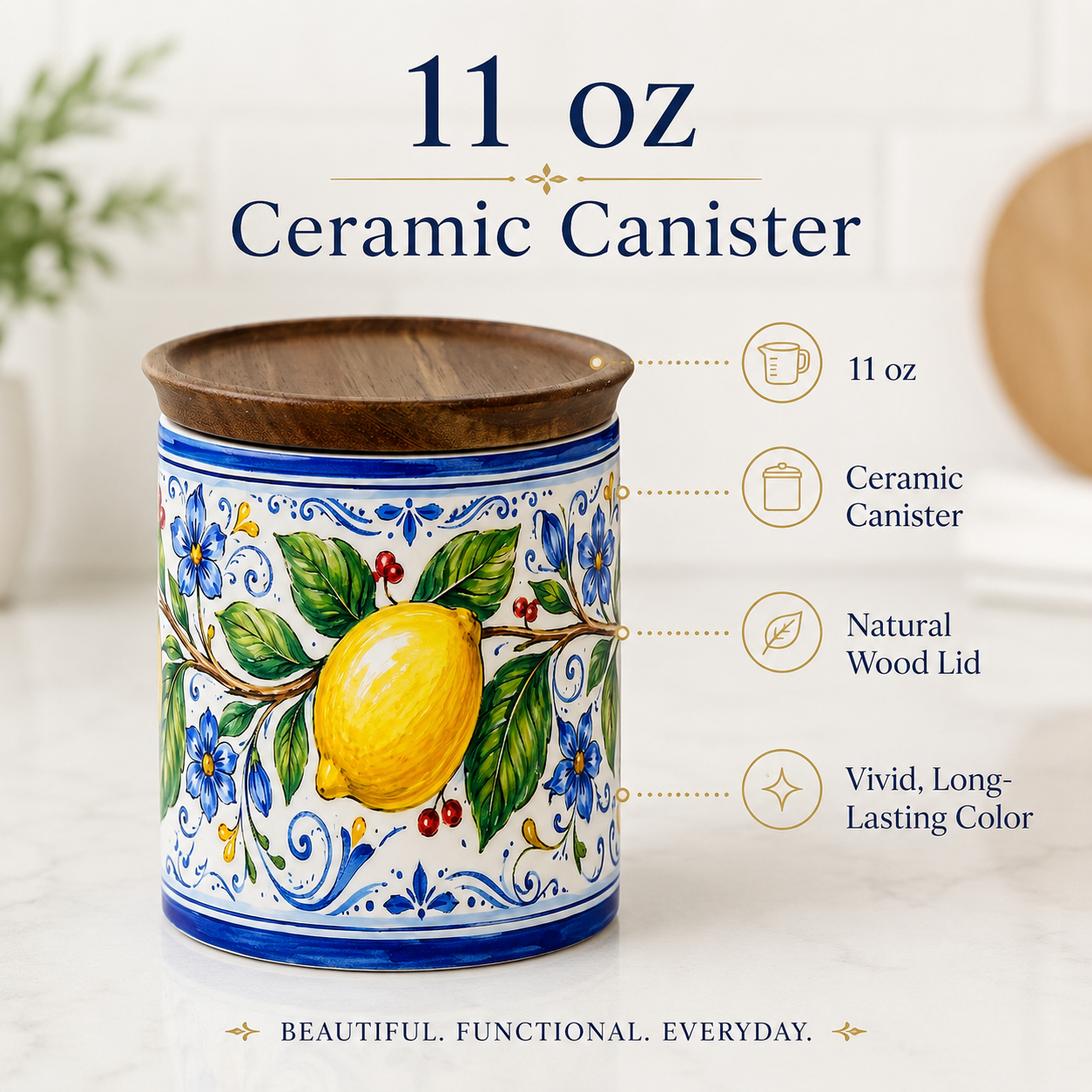 Italian Lemon Ceramic Kitchen Jar, 11 oz Storage Canister with Wood Lid