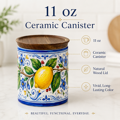 Italian Lemon Ceramic Kitchen Jar, 11 oz Storage Canister with Wood Lid