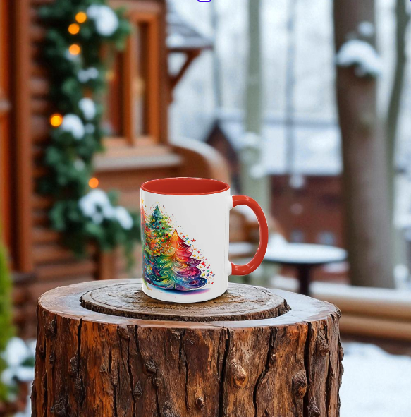 SUBLIMART: Christmas Tree Accent Coffee Mug, Holiday Gift, Cozy Home Decor, Festive Drinkware, Colorful Xmas Mug, Seasonal Beverage Cup
