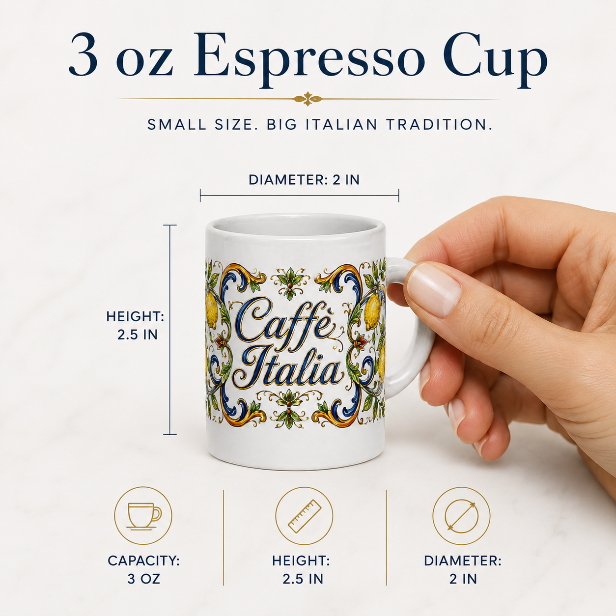 ESPRESSO CUP: Ceramic Mini Mug - Tuscan Lemon Design "Caffè Italia"