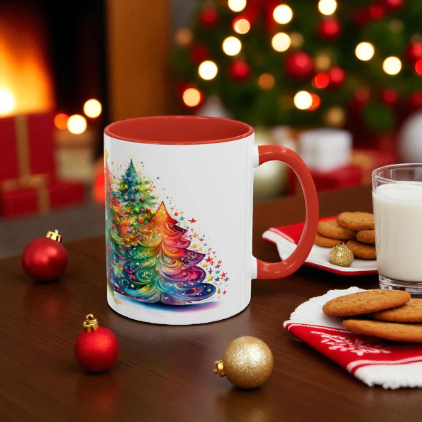 SUBLIMART: Christmas Tree Accent Coffee Mug, Holiday Gift, Cozy Home Decor, Festive Drinkware, Colorful Xmas Mug, Seasonal Beverage Cup