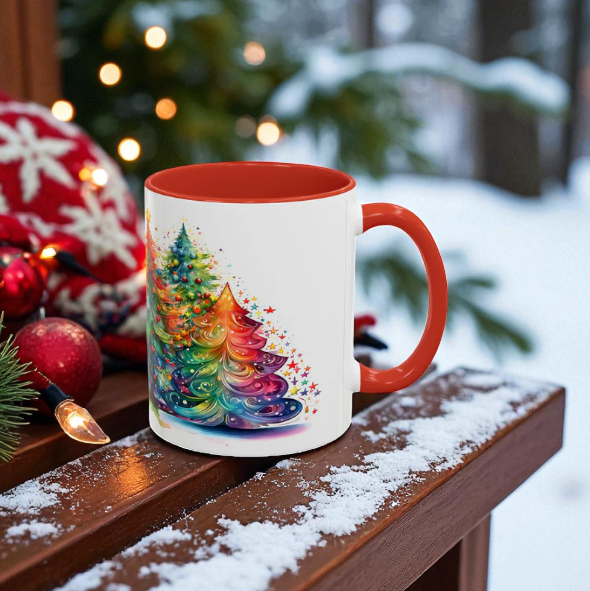 SUBLIMART: Christmas Tree Accent Coffee Mug, Holiday Gift, Cozy Home Decor, Festive Drinkware, Colorful Xmas Mug, Seasonal Beverage Cup