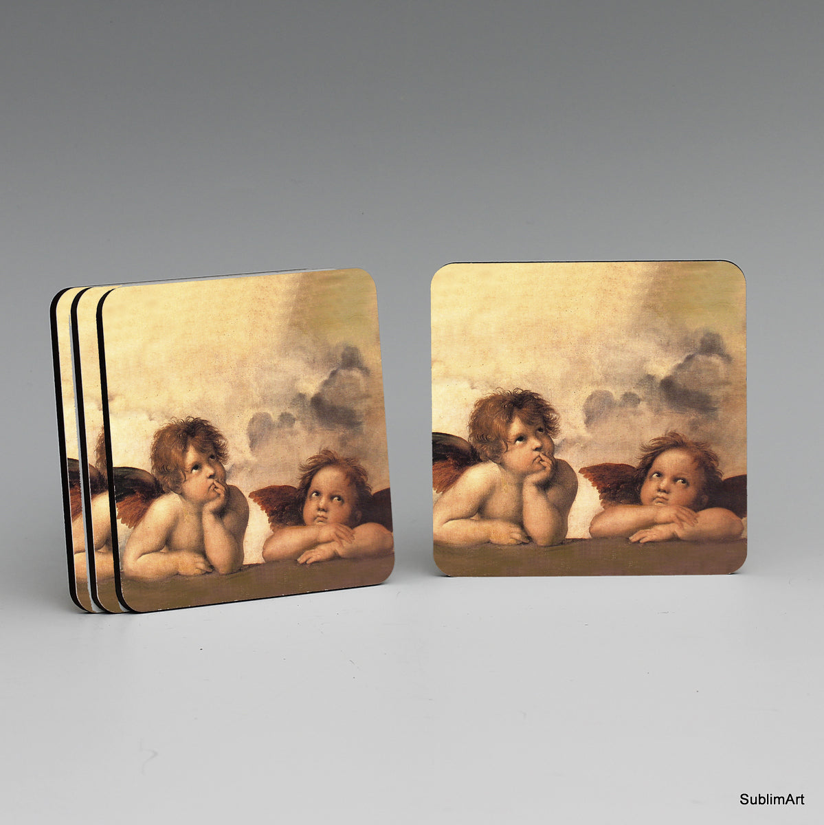 SUBLIMART: MDF Hardboard Set of 4 Coasters - Design: Affresco Putti, detail from The Sistine Madonna" by Raphael