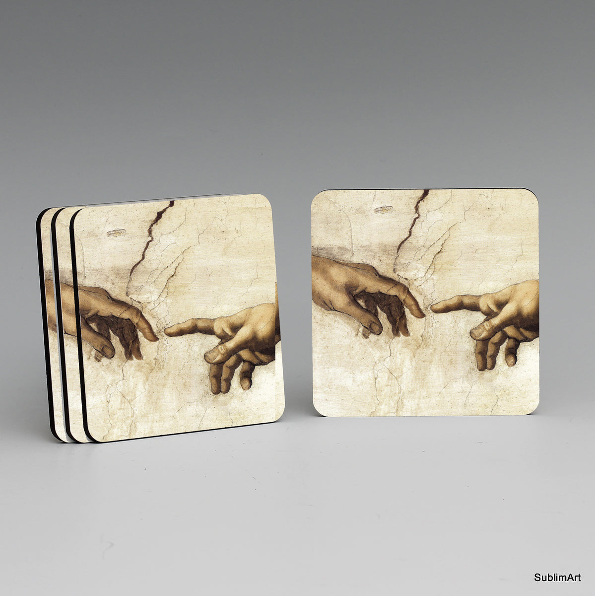 SUBLIMART: MDF Hardboard Set of 4 Coasters - Design: Affresco - The Creation of Adam By Michelangelo