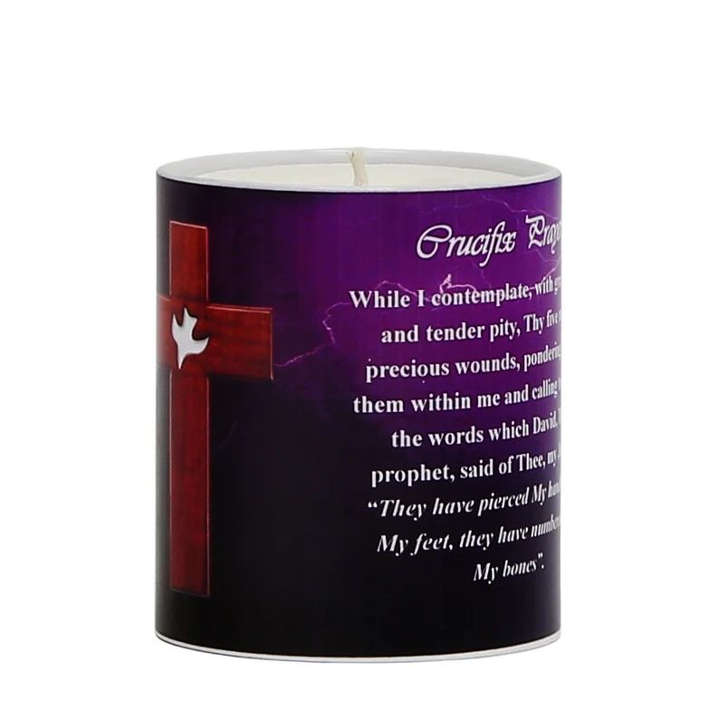 SUBLIMART: Prayer Candle - Porcelain Soy Wax Candle - The Easter Dove Crucifix on Purple Prayer