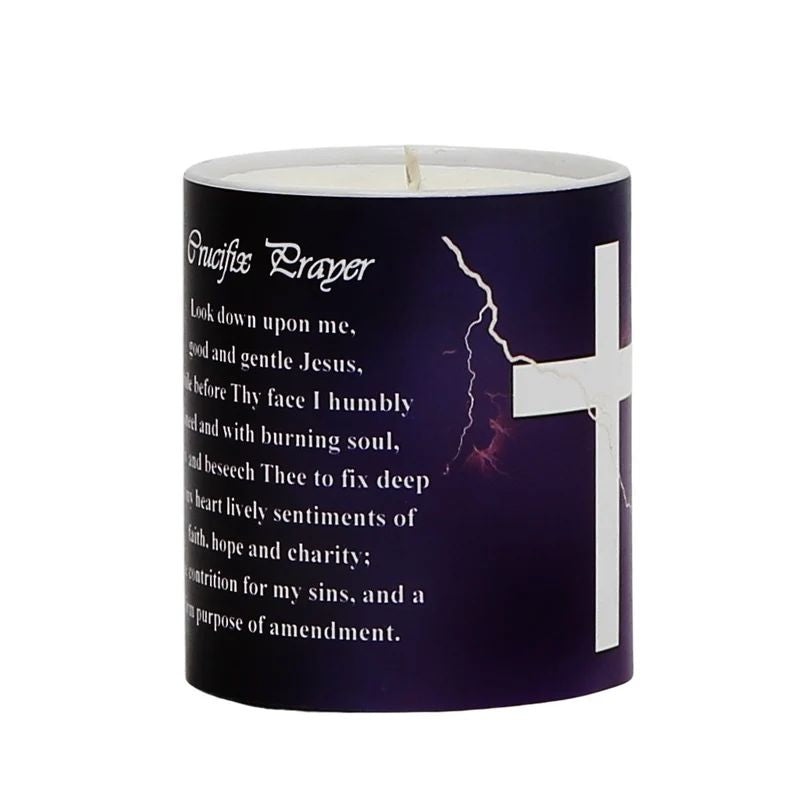 SUBLIMART: Prayer Candle - Porcelain Soy Wax Candle - The Easter White Crucifix on Purple Prayer